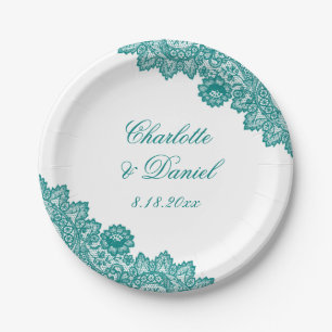 Assiettes En Carton Mariage Élégant Sarcelle Floral Broderie Anglaise