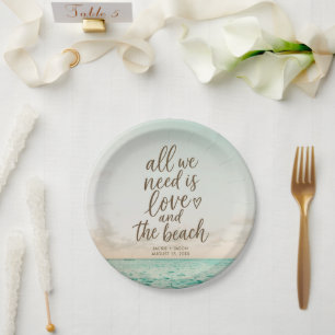 Assiettes En Carton Mariage Élégant sur la Plage & l'Amour