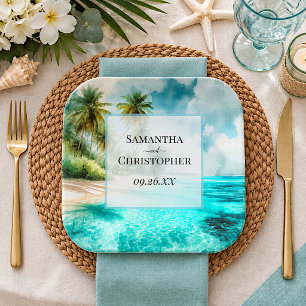 Assiettes En Carton Mariage Élégant sur une Plage Tropicale avec Palmi