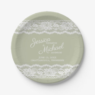 Assiettes En Carton Mariage Élégant Vert Sauge Blanc Dentelle