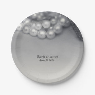Assiettes En Carton Mariage Élégant Vintage Noir & Blanc Perles Chic