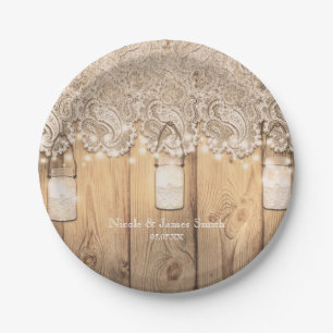 Assiettes En Carton Mariage en bois rustique avec jarre de maçon illum