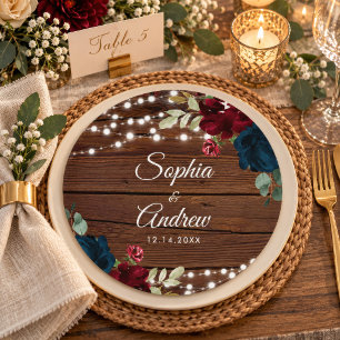 Assiettes En Carton Mariage en bois rustique Marsala & Navy