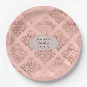 Assiettes En Carton Mariage en Damas Or Rose et Rose Pâle