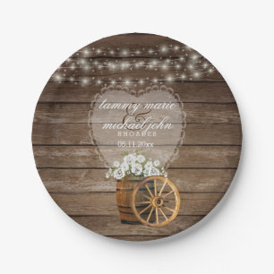 Assiettes En Carton Mariage en tonneau rustique en bois avec fleurs bl