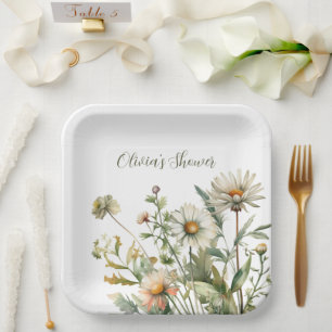 Assiettes En Carton Mariage Fête de Mariée Marguerites Blanches