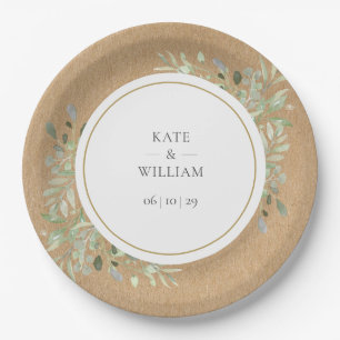 Assiettes En Carton Mariage Feuilles de Verdure Aquarelle Rustique