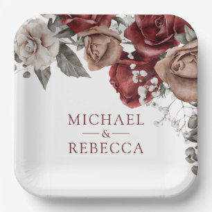 Assiettes En Carton Mariage Fleur de Roses Rouge Bourgogne