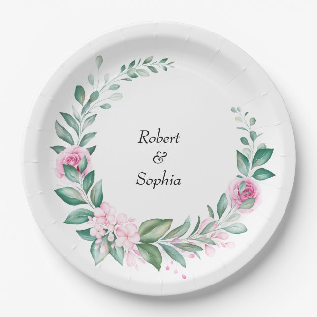 Assiettes En Carton Mariage Fleur Rose Blush (Devant)
