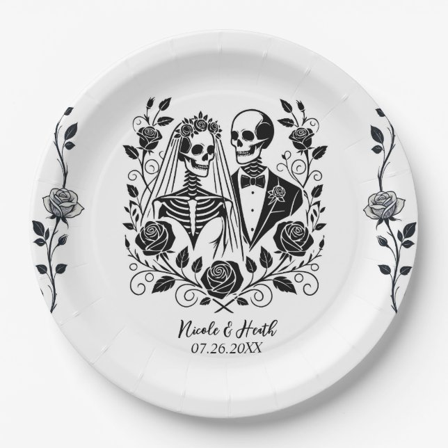 Assiettes En Carton Mariage Fleur Rose Vigne Squelette Noir Blanc  (Devant)