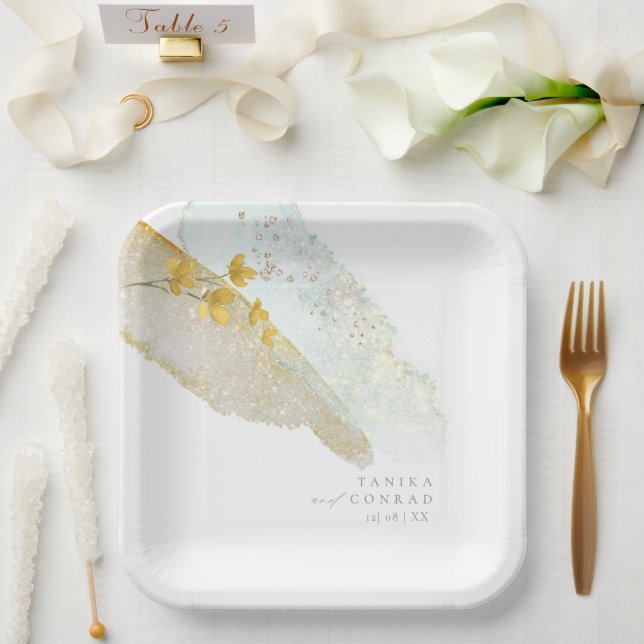 Assiettes En Carton Mariage fleur sauvage Aquarelle Peinture Str Gold  (Mariage)