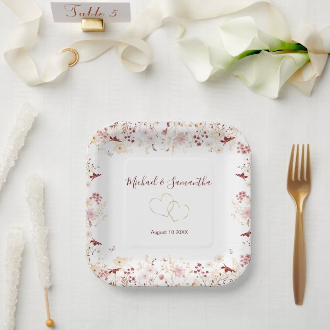 Assiettes En Carton Mariage Fleur sauvage de Bourgogne et Blush (Mariage)