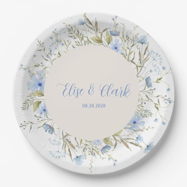 Assiettes En Carton Mariage Fleur sauvage rustique Dusty Blue Delicy (Devant)
