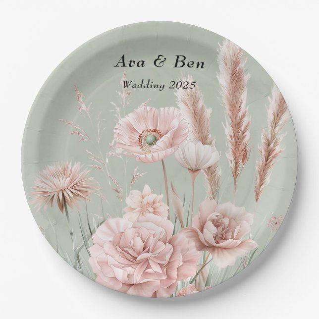Assiettes En Carton Mariage Fleur sauvage Sage Green et Rose (Devant)