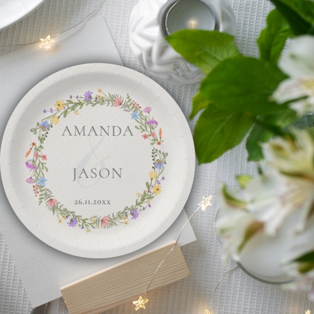 Assiettes En Carton Mariage fleur sauvage violet de couronne de fleurs (Floral Wreath Purple Blush wildflowers wedding Paper Plates)