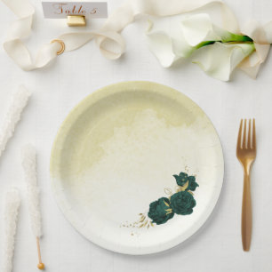 Assiettes En Carton Mariage fleuri en or vert émeraude