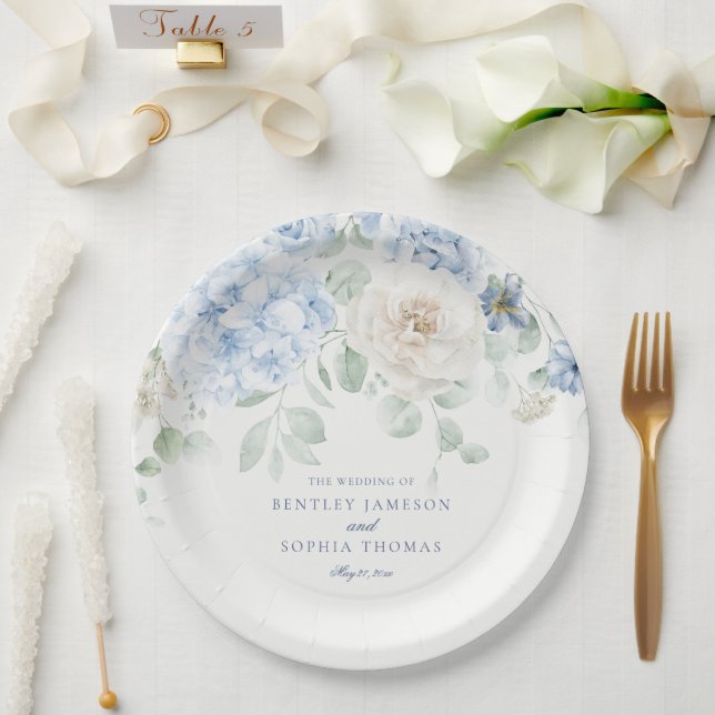 Assiettes En Carton Mariage Fleurie d'Hydrangea Bleu (Mariage)