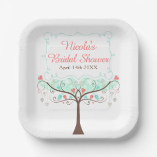 Assiettes En Carton Mariage Fleuris Oiseaux Menthe et Corail