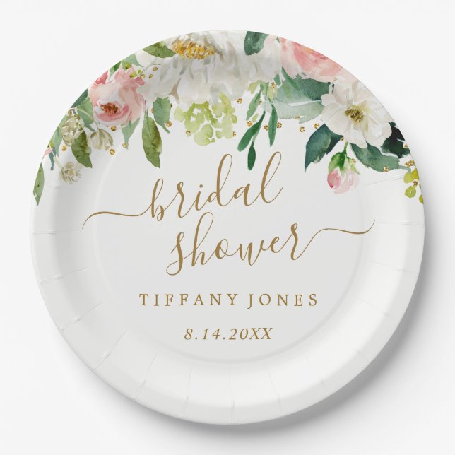 Assiettes En Carton Mariage Fleuris Rose Gold et Confettis (Devant)