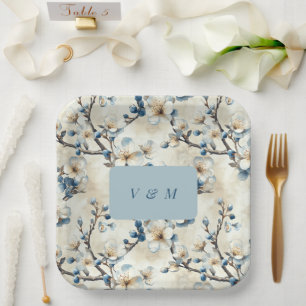 Assiettes En Carton Mariage Fleurs Blanches Bleues de Printemps