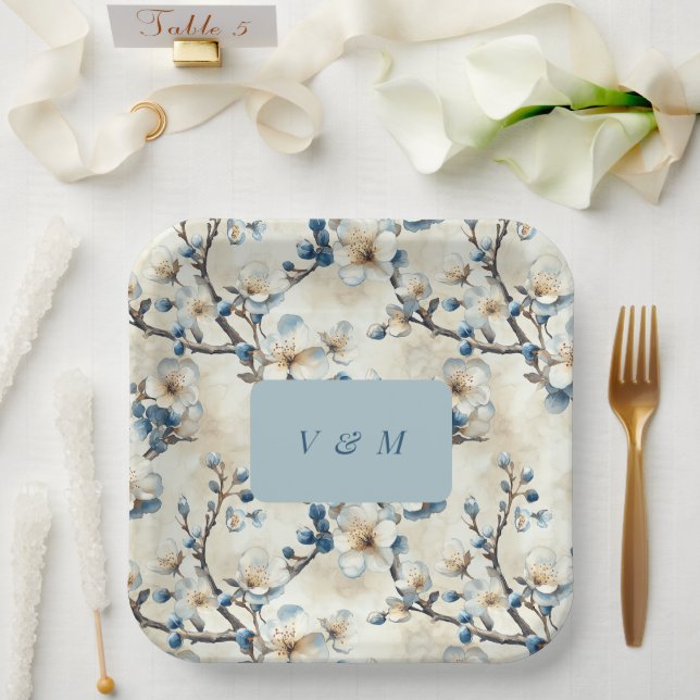 Assiettes En Carton Mariage Fleurs Blanches de Printemps Bleu  (Mariage)