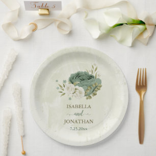 Assiettes En Carton mariage fleurs blanches vert sauge