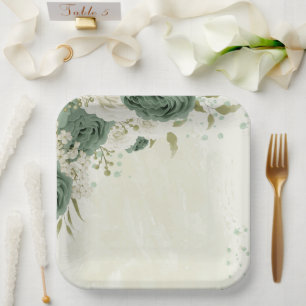 Assiettes En Carton mariage fleurs blanches vert sauge