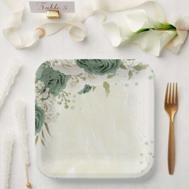 Assiettes En Carton mariage fleurs blanches vert sauge (Mariage)