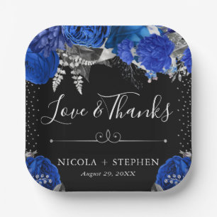 Assiettes En Carton Mariage Fleurs Bleu et Argent Aquarelle