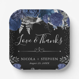 Assiettes En Carton Mariage Fleurs Bleu et Argent Aquarelle