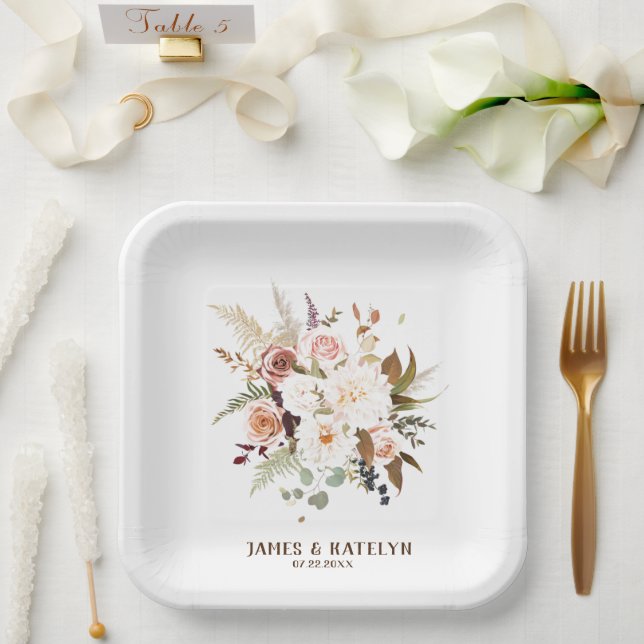 Assiettes En Carton Mariage Fleurs de Rose/Blanches de Couleur Douce B (Mariage)