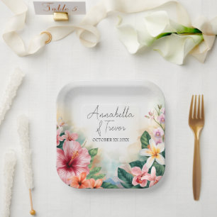 Assiettes En Carton Mariage Fleurs Hawaïennes Tropicales Nom Personnal