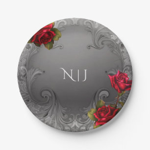 Assiettes En Carton Mariage Fleurs Rouge Ornementales Vintage Argent R