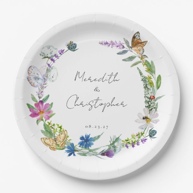 Assiettes En Carton Mariage Fleurs Sauvages Papillon (Devant)