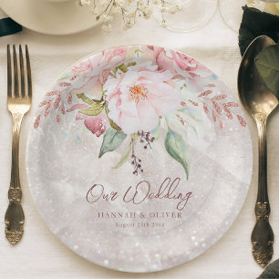 Assiettes En Carton Mariage Floral au Marbre avec Rose Élégante et Piv