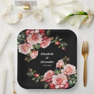 Assiettes En Carton Mariage floral aux roses roses rouges et roses fon