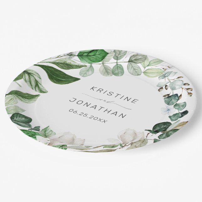 Assiettes En Carton Mariage floral blanc blanc de couronne de verdure  (Angle)