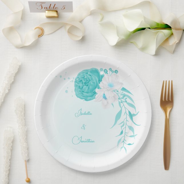 Assiettes En Carton mariage floral blanc turquoise (Mariage)