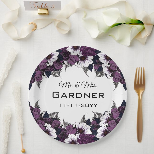 Assiettes En Carton Mariage floral blanc violet moderne (Mariage)