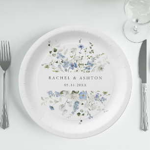Assiettes En Carton Mariage floral bleu blanc vert élégant