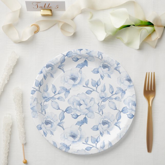 Assiettes En Carton Mariage Floral Bleu Chic Blanc (Mariage)