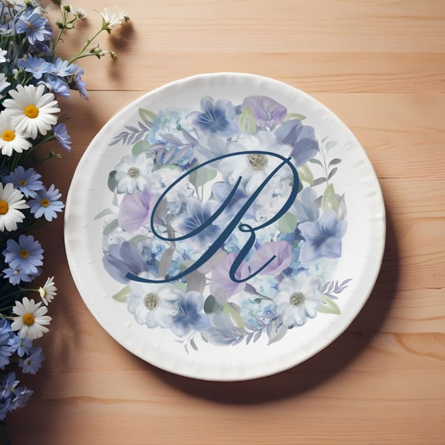 Assiettes En Carton Mariage Floral bleu et lavande (French Blue & Lavender Watercolor Floral Wedding Paper Plates)