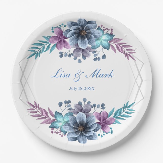 Assiettes En Carton Mariage Floral Bleu Et Violet (Devant)