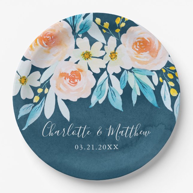 Assiettes En Carton Mariage floral bleu marine moderne (Devant)
