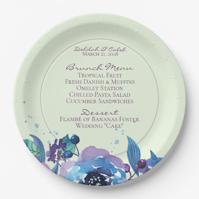 Assiettes En Carton Mariage floral bleu profond violet Moody Twilight (Devant)