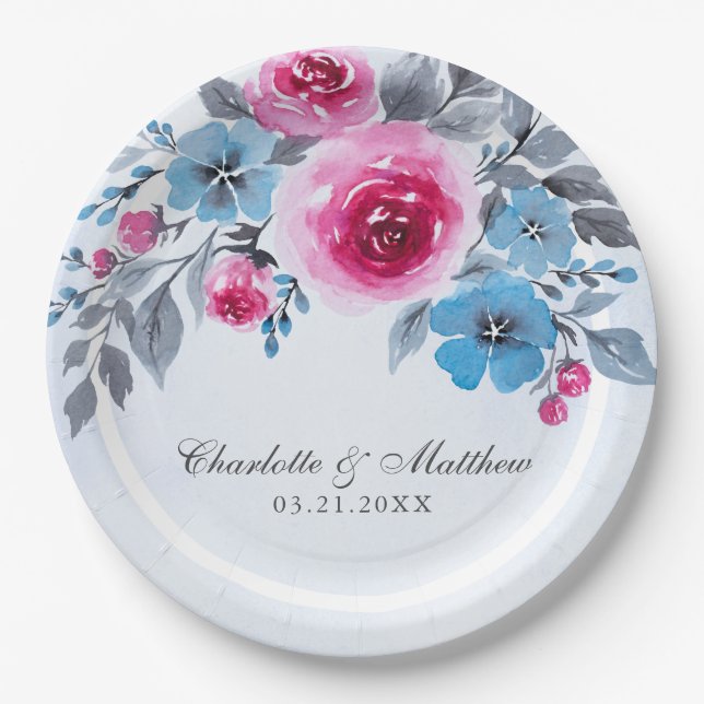 Assiettes En Carton Mariage floral bleu romantique (Devant)