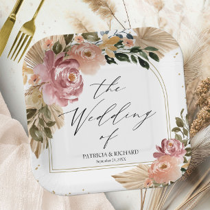 Assiettes En Carton Mariage Floral Bohème aux Couleurs Neutres Élégant