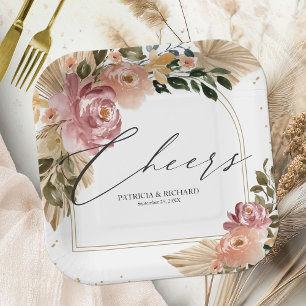 Assiettes En Carton Mariage Floral Bohème aux Couleurs Neutres Élégant