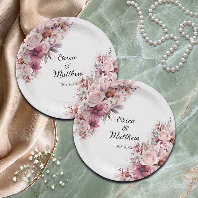 Assiettes En Carton Mariage Floral Bohème Rose Poussiéreux  (Créateur téléchargé)