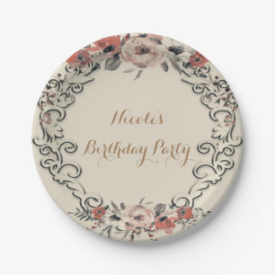 Assiettes En Carton Mariage floral botanique élégant beige vintage